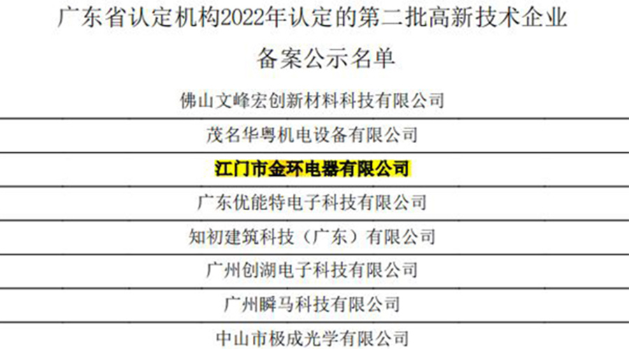 好消息！金環(huán)電器再次通過國家級“高新技術企業(yè)”認定